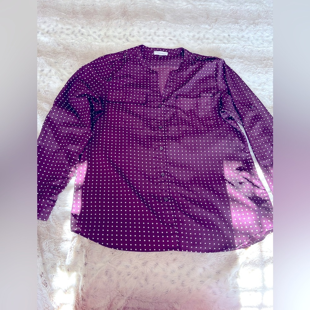 Calvin Klein Satin Plum Blouse with White Polka Dots